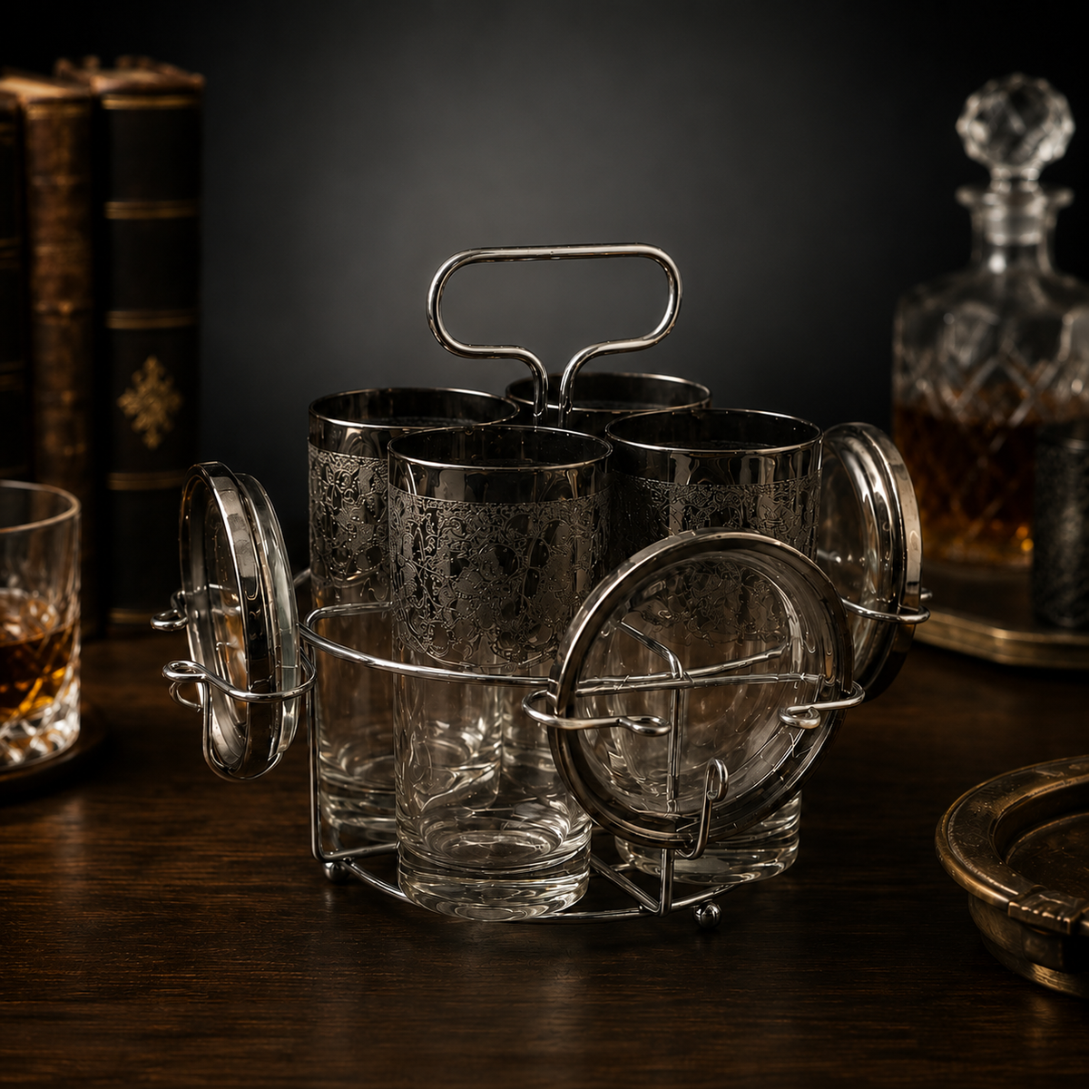 Mid-century silver fade highball glass set with chrome caddy and coasters