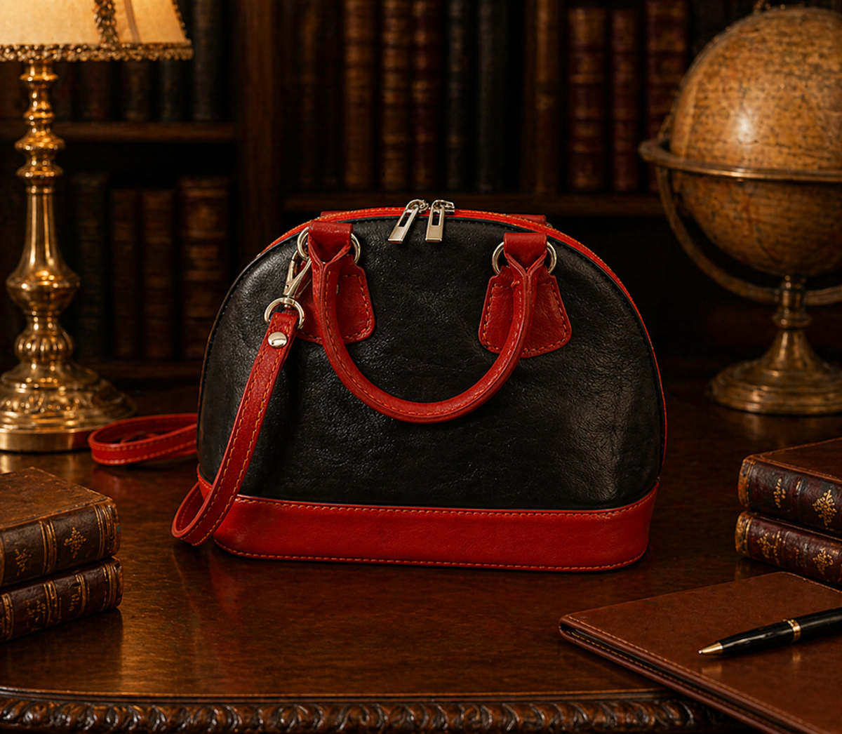 Black leather dome satchel with red contrast trim, top handles and shoulder strap