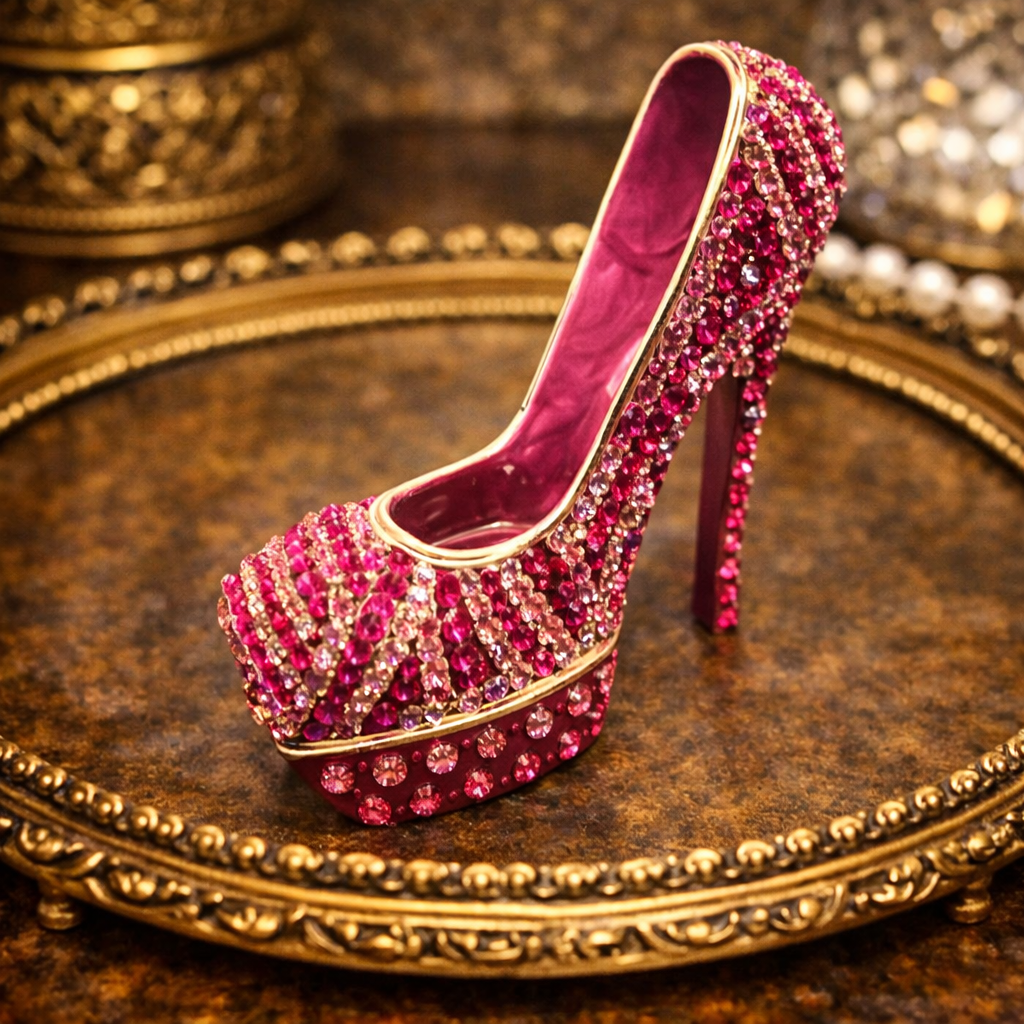 Silver tone Pink crystal high heel shoe trinket box with lift off lid