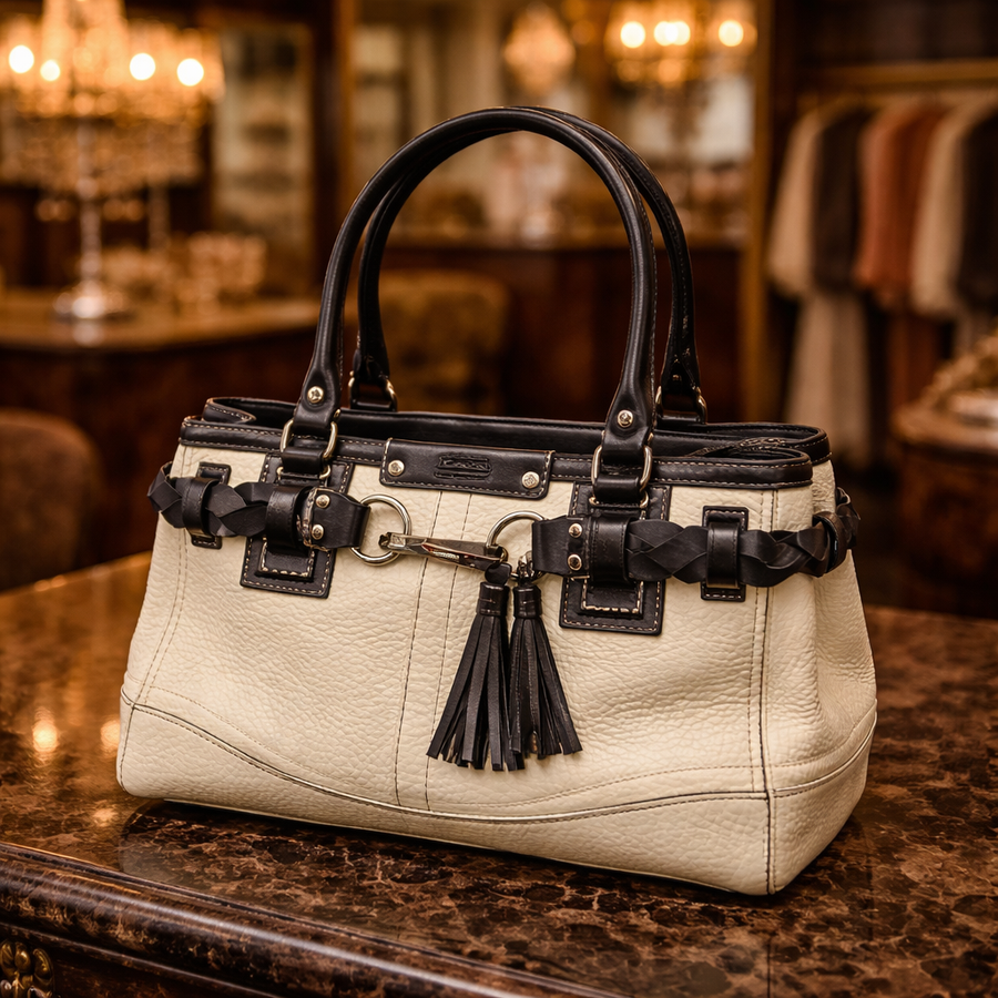 Coach Hamilton black and white leather satchel with rolled handles and tassel