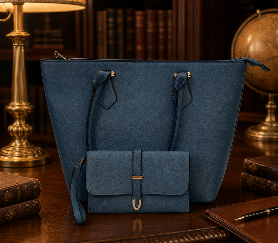 Blue pebbled faux leather tote with matching wristlet clutch