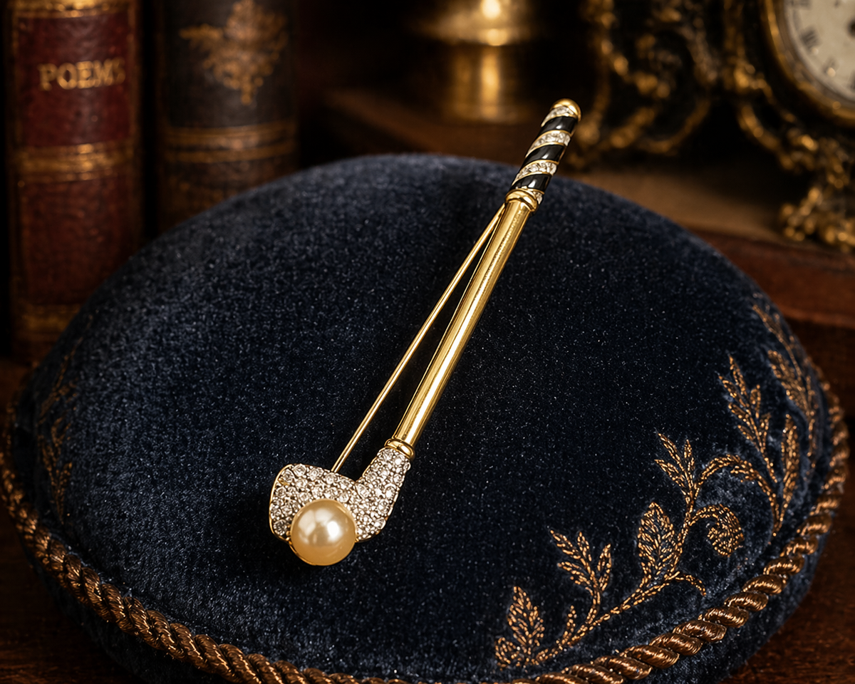 Signed Swarovski gold-tone golf club brooch with faux pearl, crystal pavé and black enamel stripes