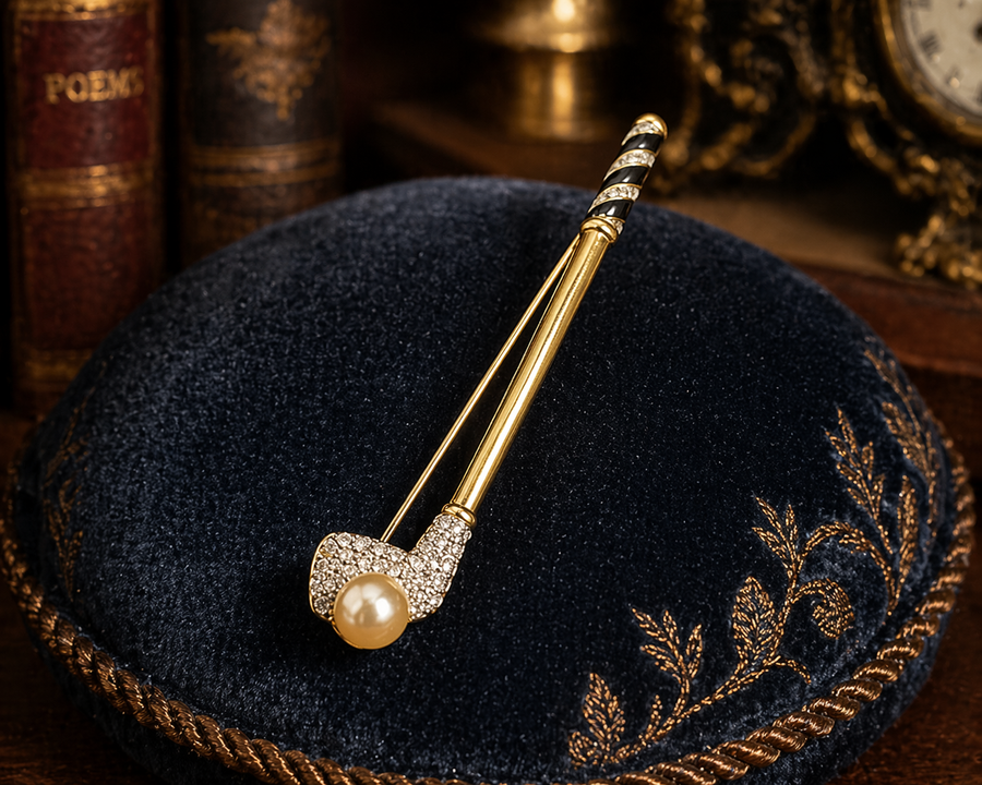 Signed Swarovski gold-tone golf club brooch with faux pearl, crystal pavé and black enamel stripes