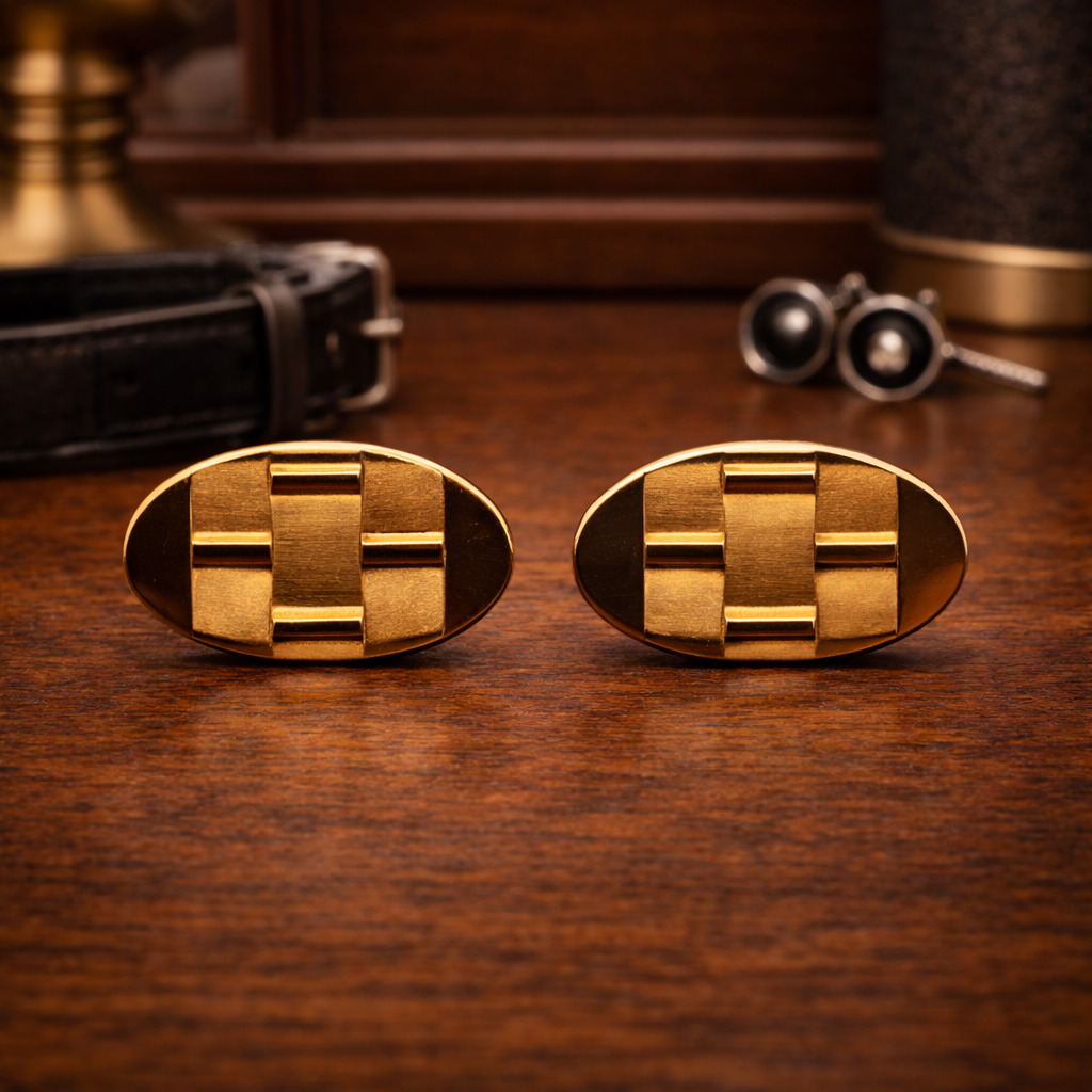 Vintage gold tone oval tie tack set with textured geometric design and chain back