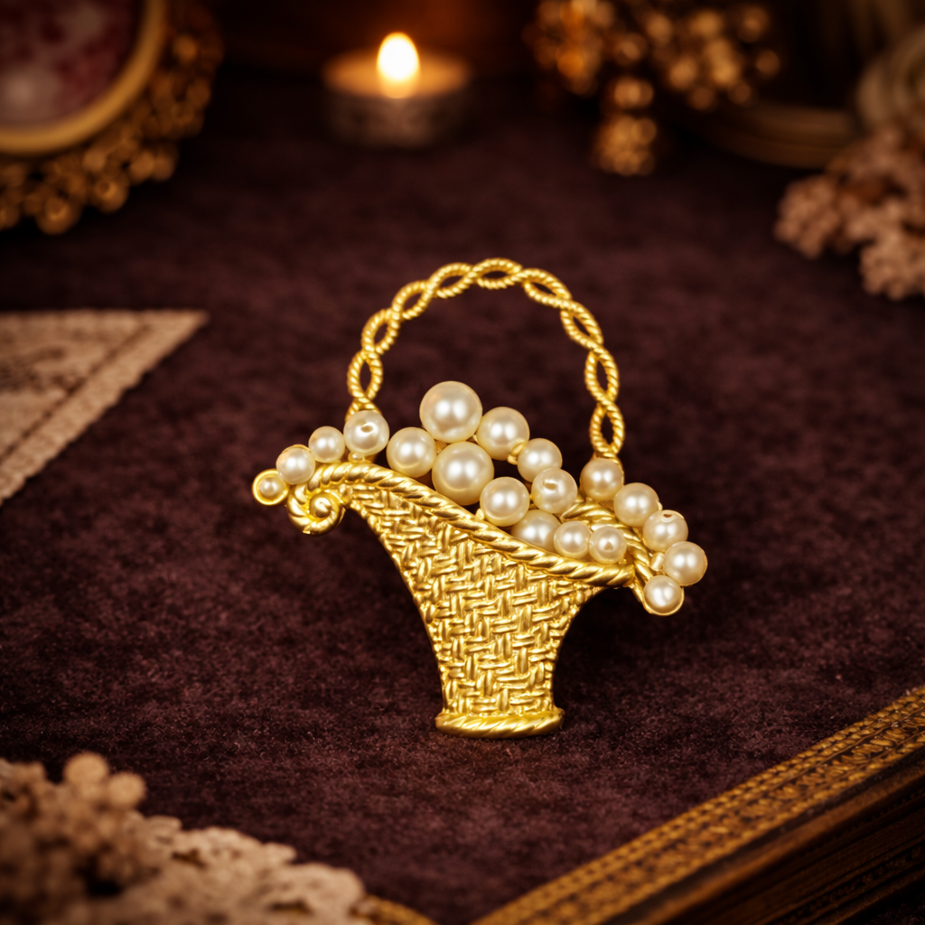 Three gold-tone faux pearl brooches: flower basket, wreath and purse, view 8