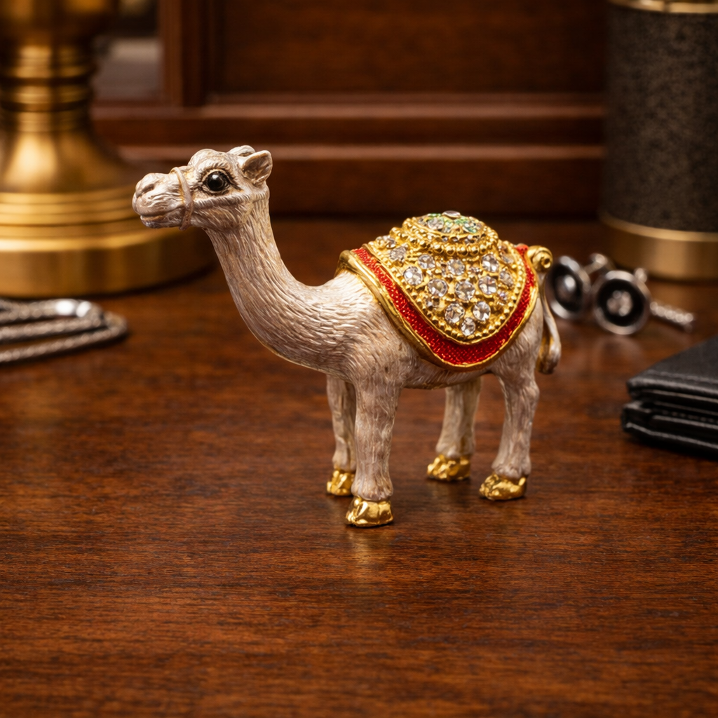 Miniature jeweled enamel camel trinket box with hinged lid