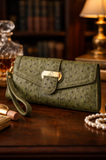 Koret Olive Green Ostrich Embossed Wristlet Clutch Vintage Textured Evening Handbag