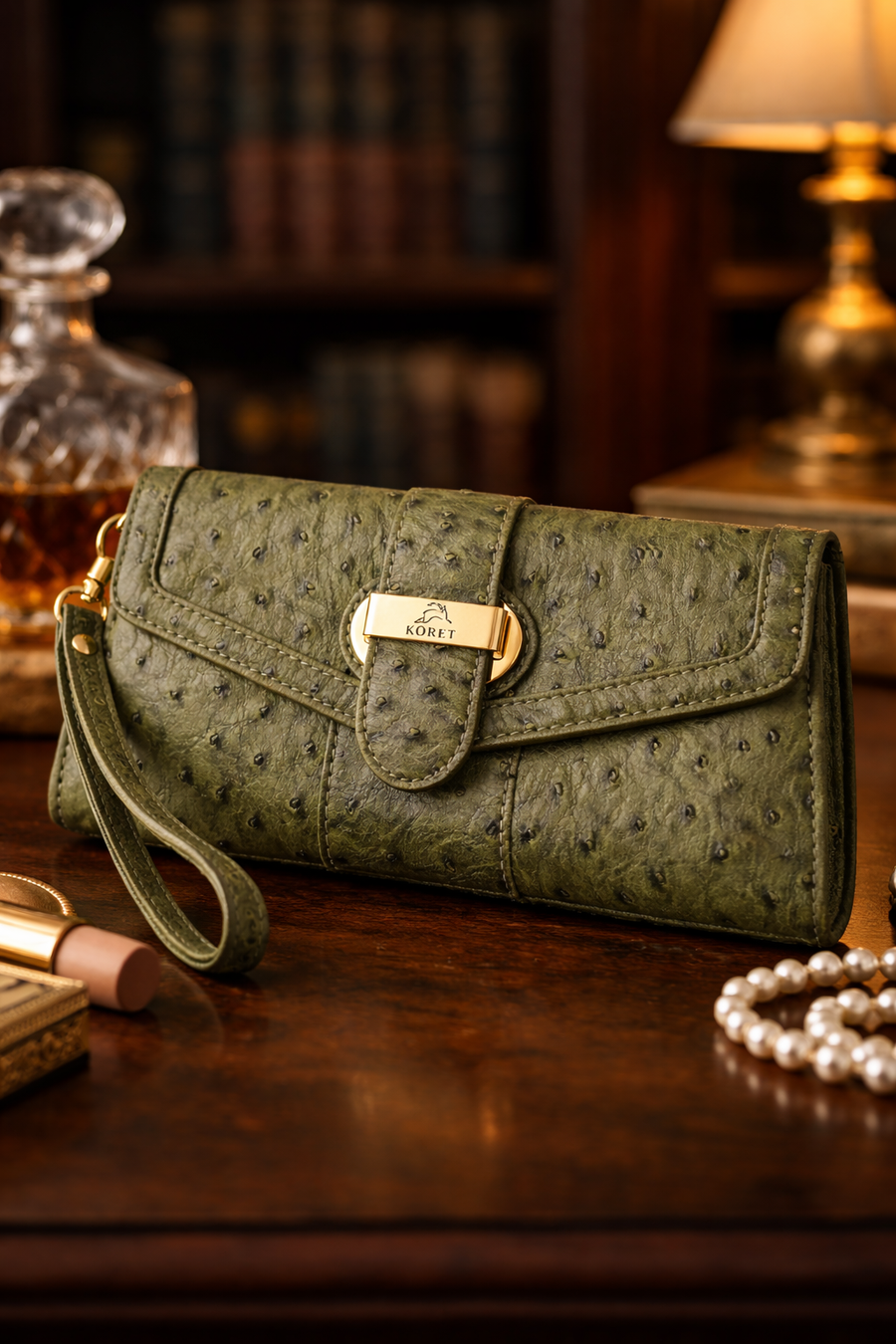 Koret olive green ostrich-embossed envelope wristlet clutch