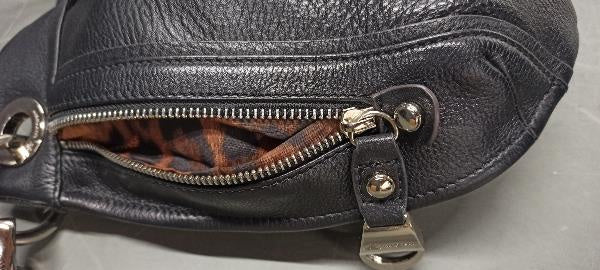 B. Makowsky black leather gathered shoulder bag with silver-tone ring hardware and leopard lining, view 6