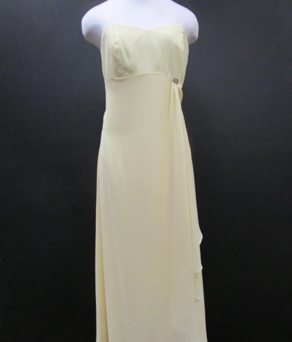 Soft yellow strapless formal gown with fitted bodice and rhinestone accent at the side waist, view 3