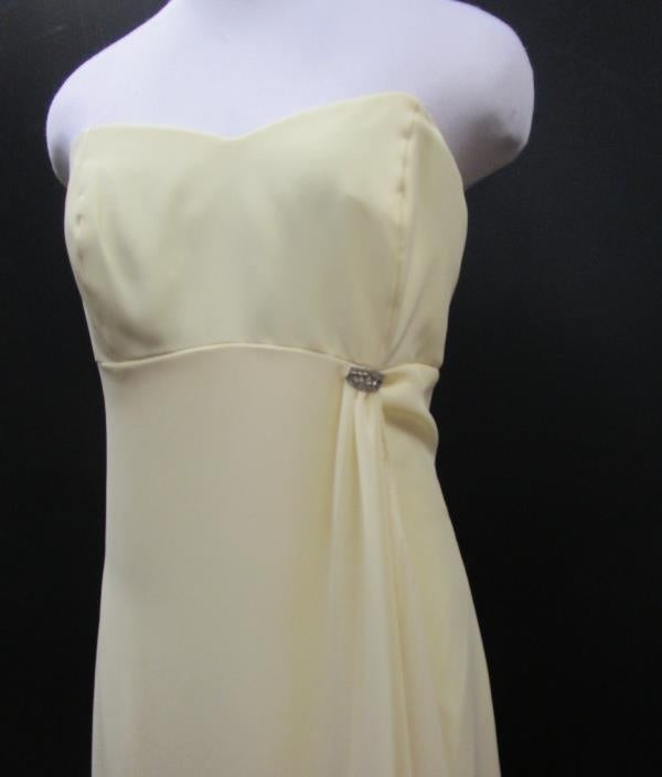 Soft yellow strapless formal gown with fitted bodice and rhinestone accent at the side waist, view 5