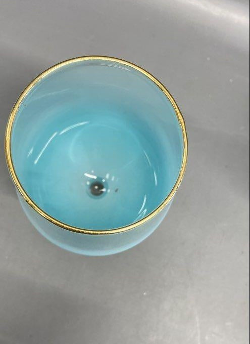 Four stemmed wine glasses with blue and white frosted color treatment, view 4