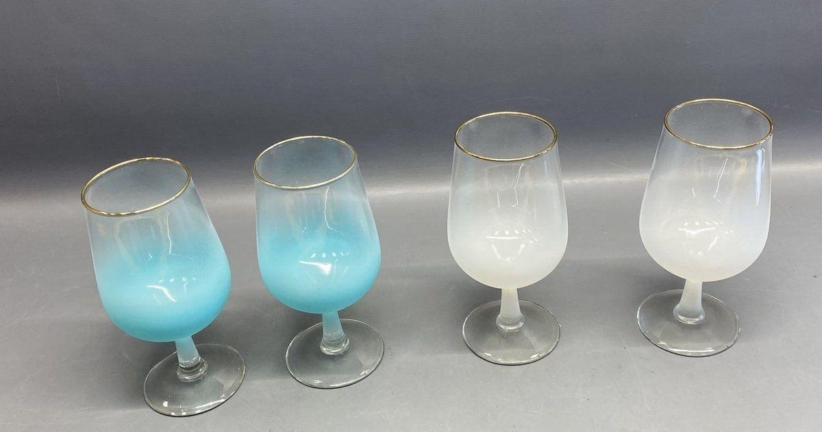 Four stemmed wine glasses with blue and white frosted color treatment, view 5