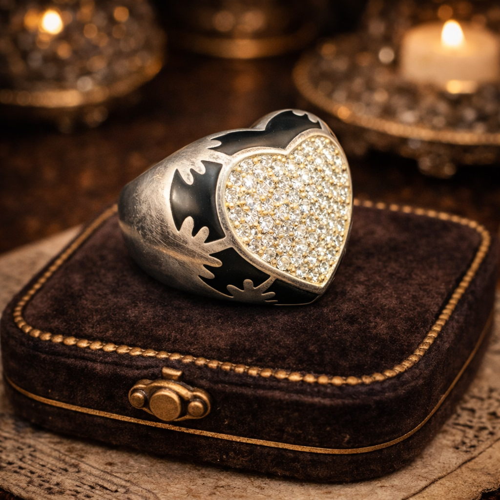Edforce Stainless Steel Heart Signet Ring | Black Enamel & White Rhinestone Pavé Statement Ring Size 5.75