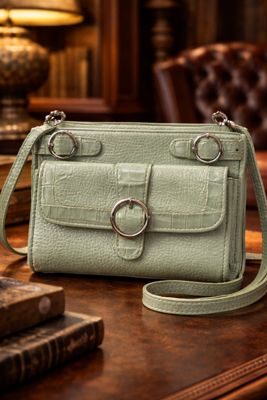 Brighton mint green croc-embossed leather organizer crossbody with floral lining