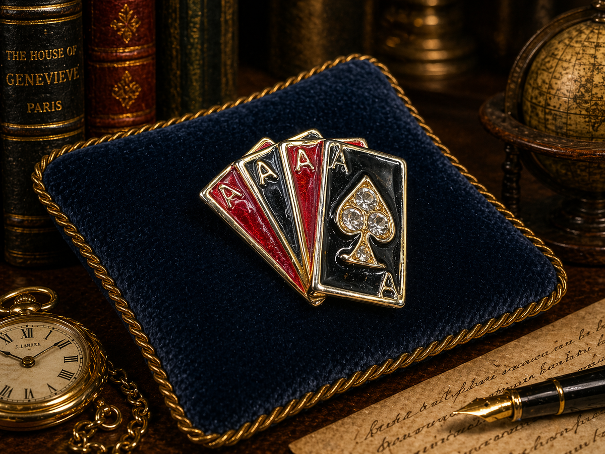 Gold-tone playing card fan brooch with black and red enamel and rhinestone ace of spades