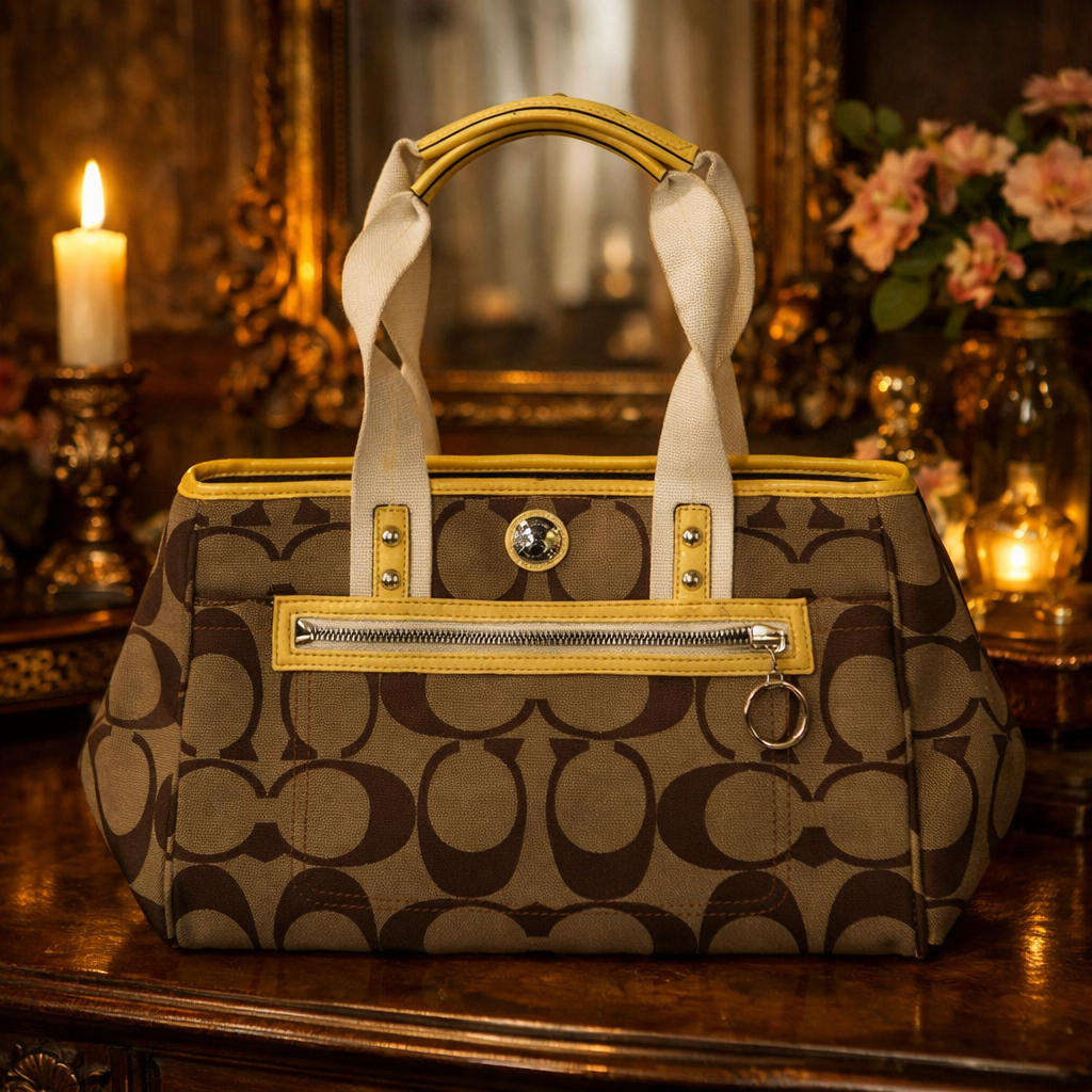 Coach Signature C khaki and brown canvas satchel with turnlock accent