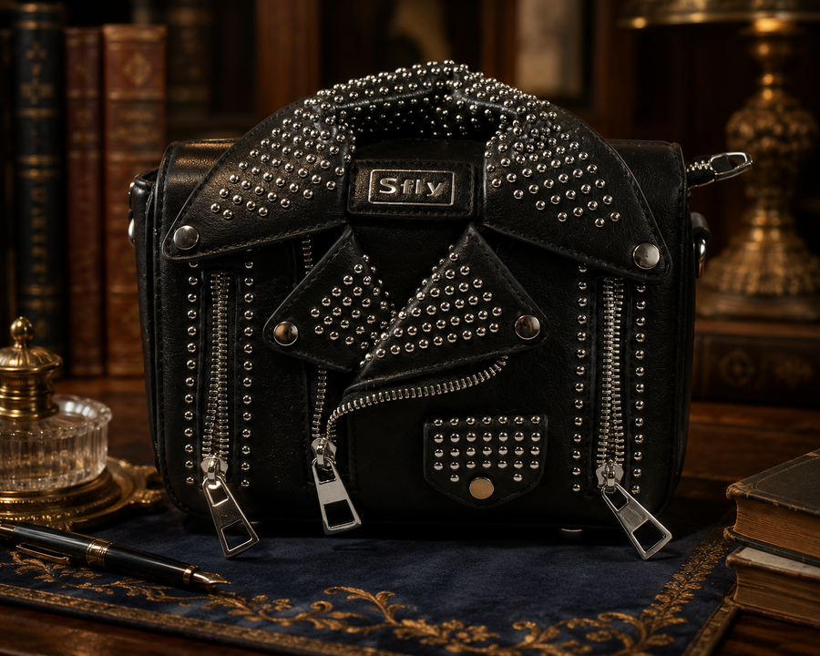 Sfly black studded moto jacket novelty crossbody clutch bag