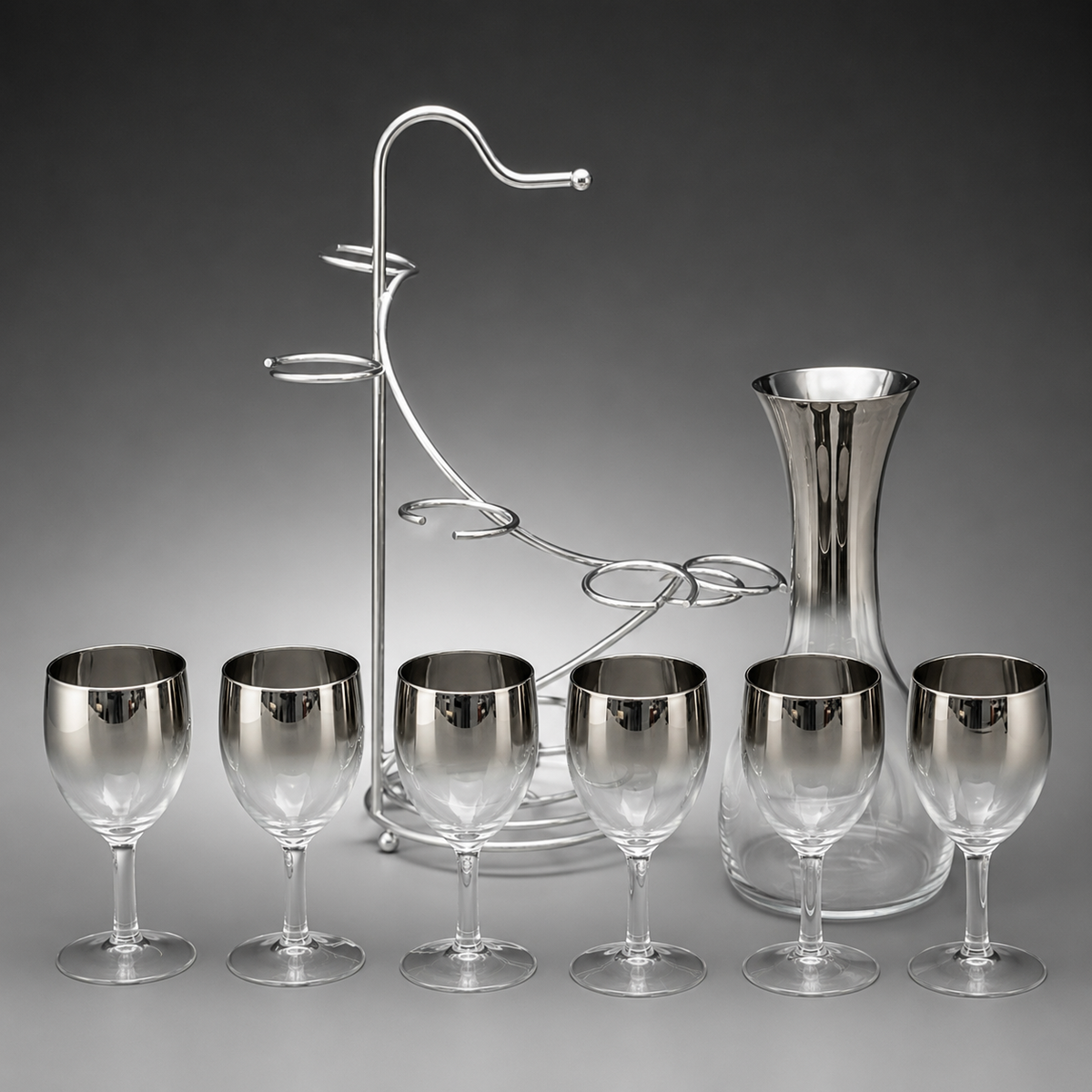 Mid-century silver fade decanter and stemmed glasses in chrome caddy, view 4