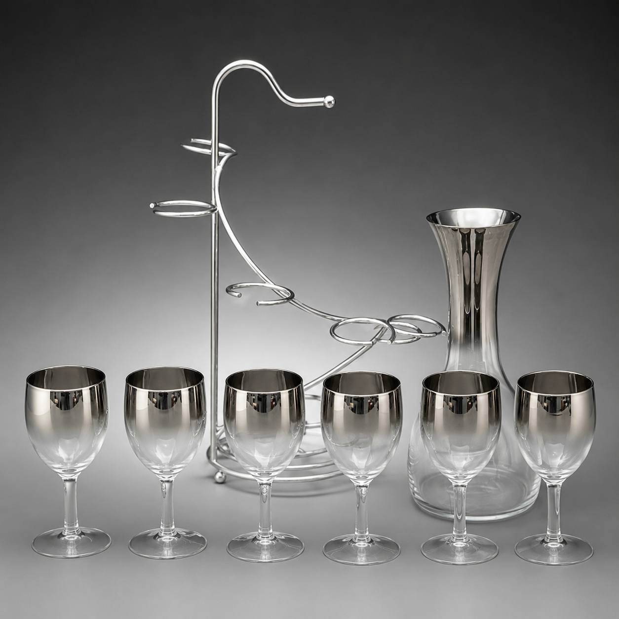 Vintage MCM Silver Fade Decanter & Wine Glass Set with Caddy | 7-Piece Chrome Barware Set
