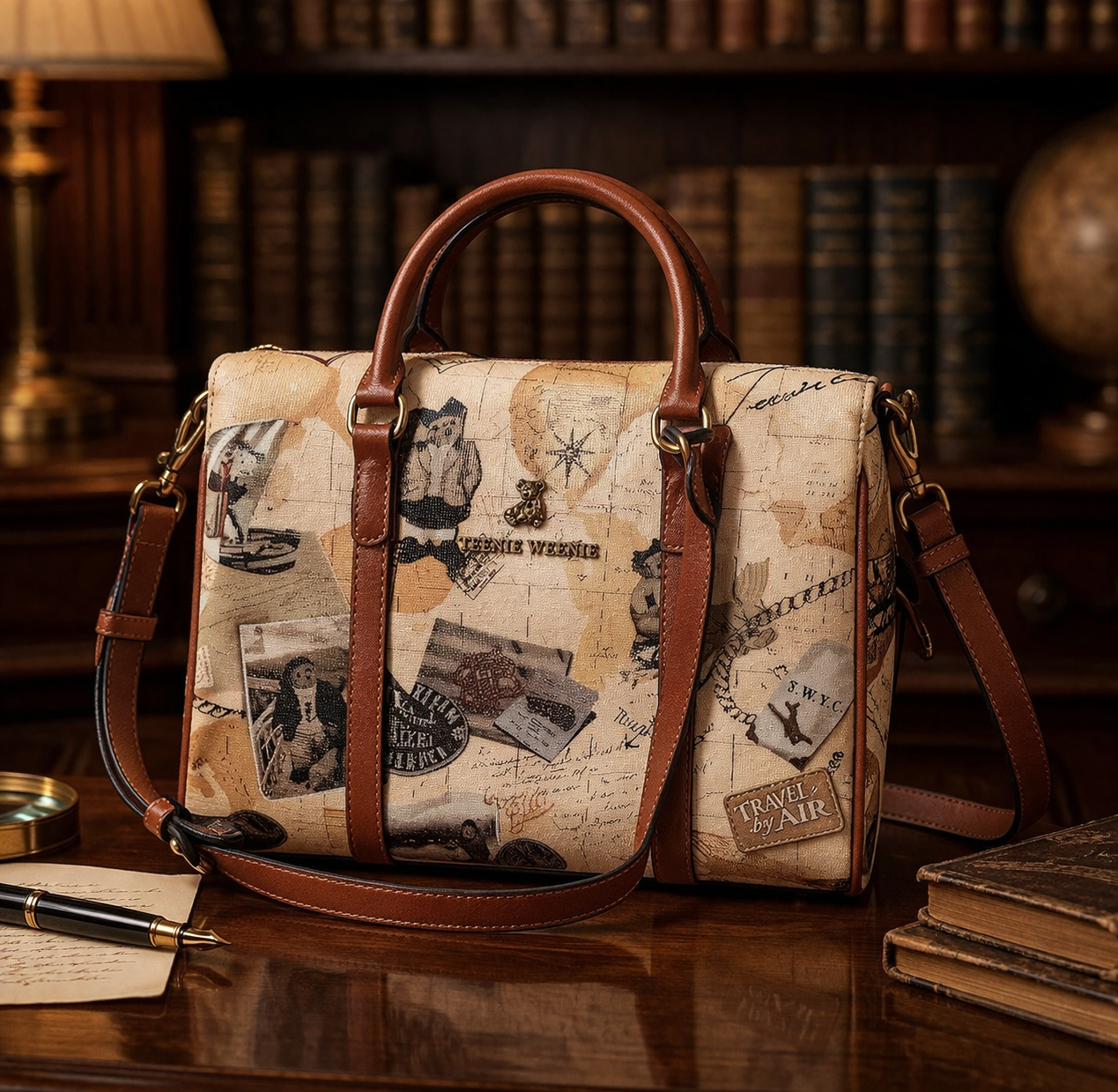 Teenie Weenie Gold Bear Travel Print Satchel Bag with Faux Leather Trim