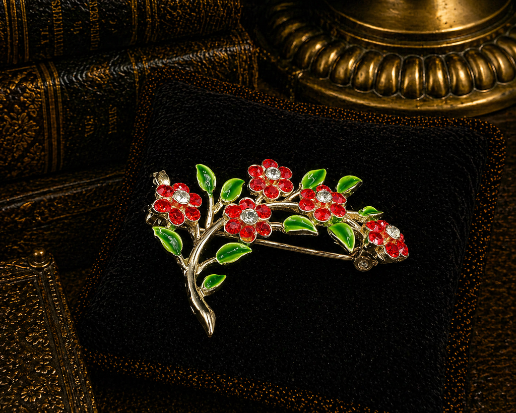 Gold Tone Red Crystal Flower Branch Brooch
