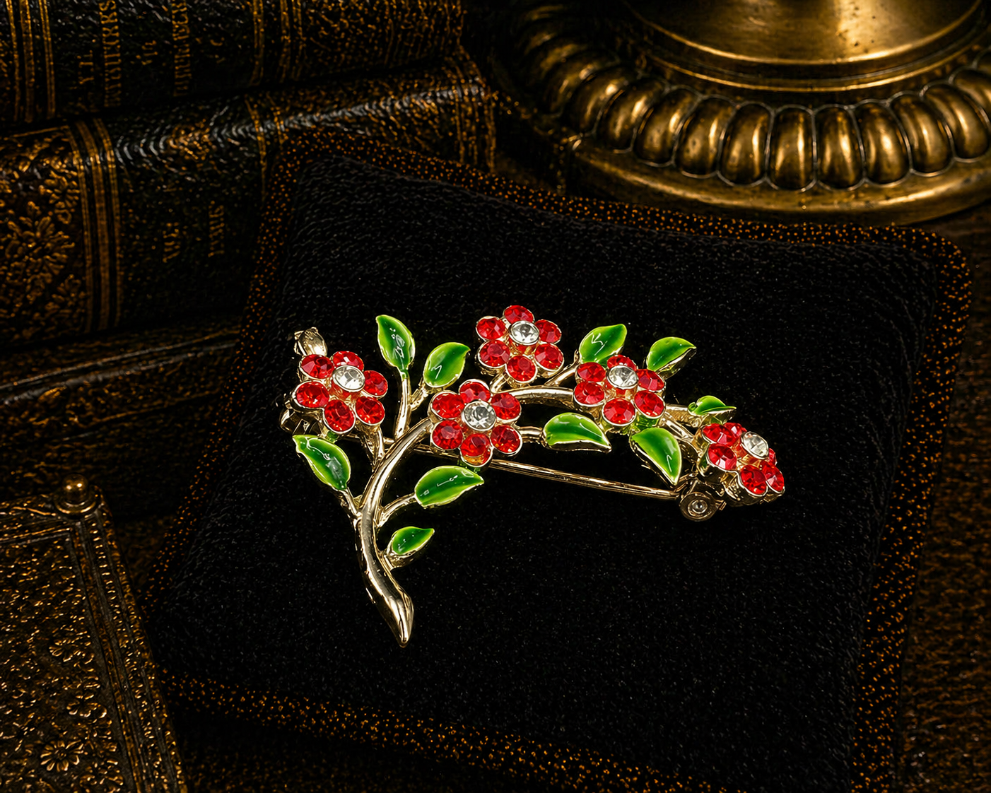 Gold Tone Red Crystal Flower Branch Brooch