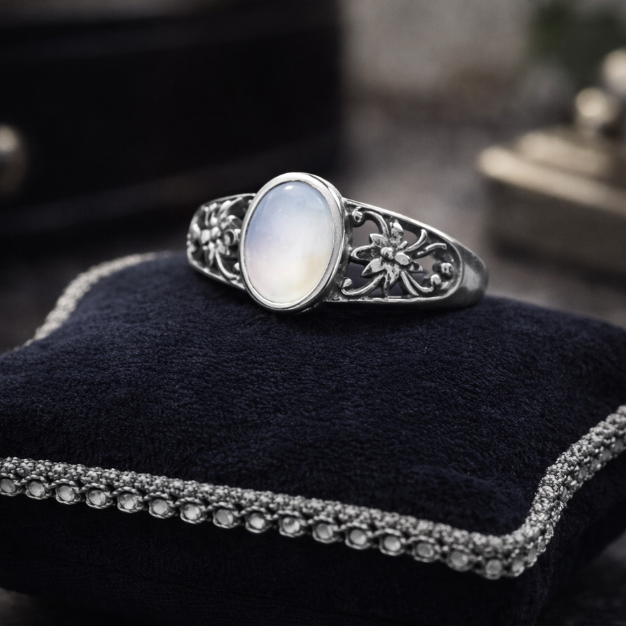 Floral filigree ring marked 925 with oval mother of pearl center