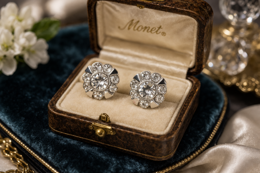 Signed Monet silver-tone round crystal cluster stud earrings