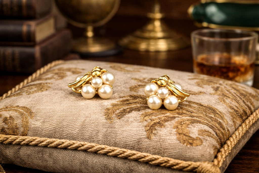 Gold Tone Faux Pearl Cluster Stud Earrings Leaf Accent Vintage Inspired Elegant Jewelry