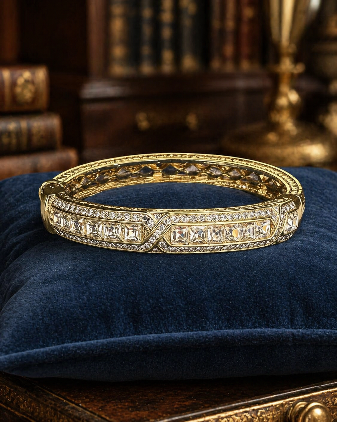 Heidi Daus Crystal Bangle Bracelet Gold Tone Hinged Cuff Clear Rhinestone Statement Designer