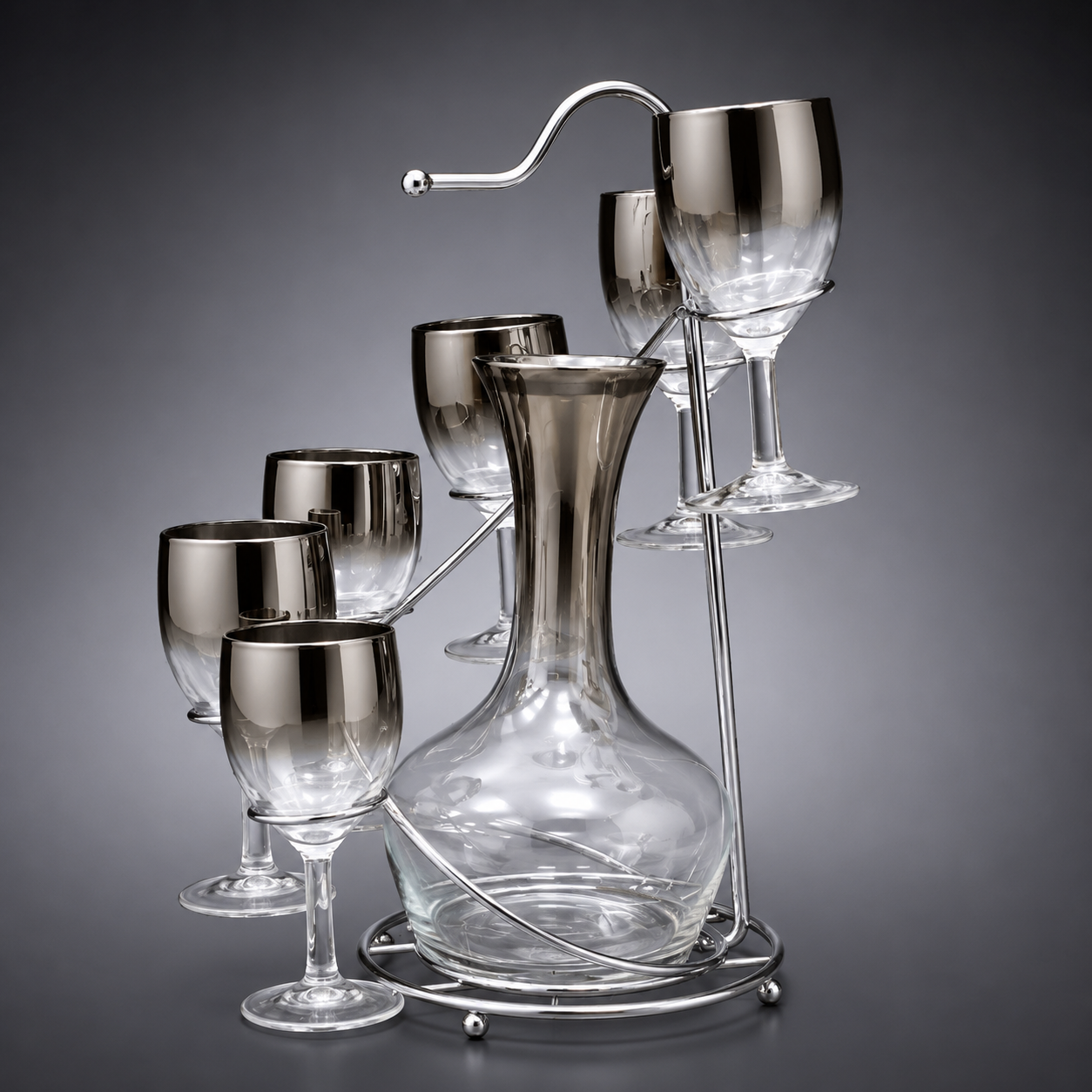 Vintage MCM Silver Fade Decanter & Wine Glass Set with Caddy | 7-Piece Chrome Barware Set