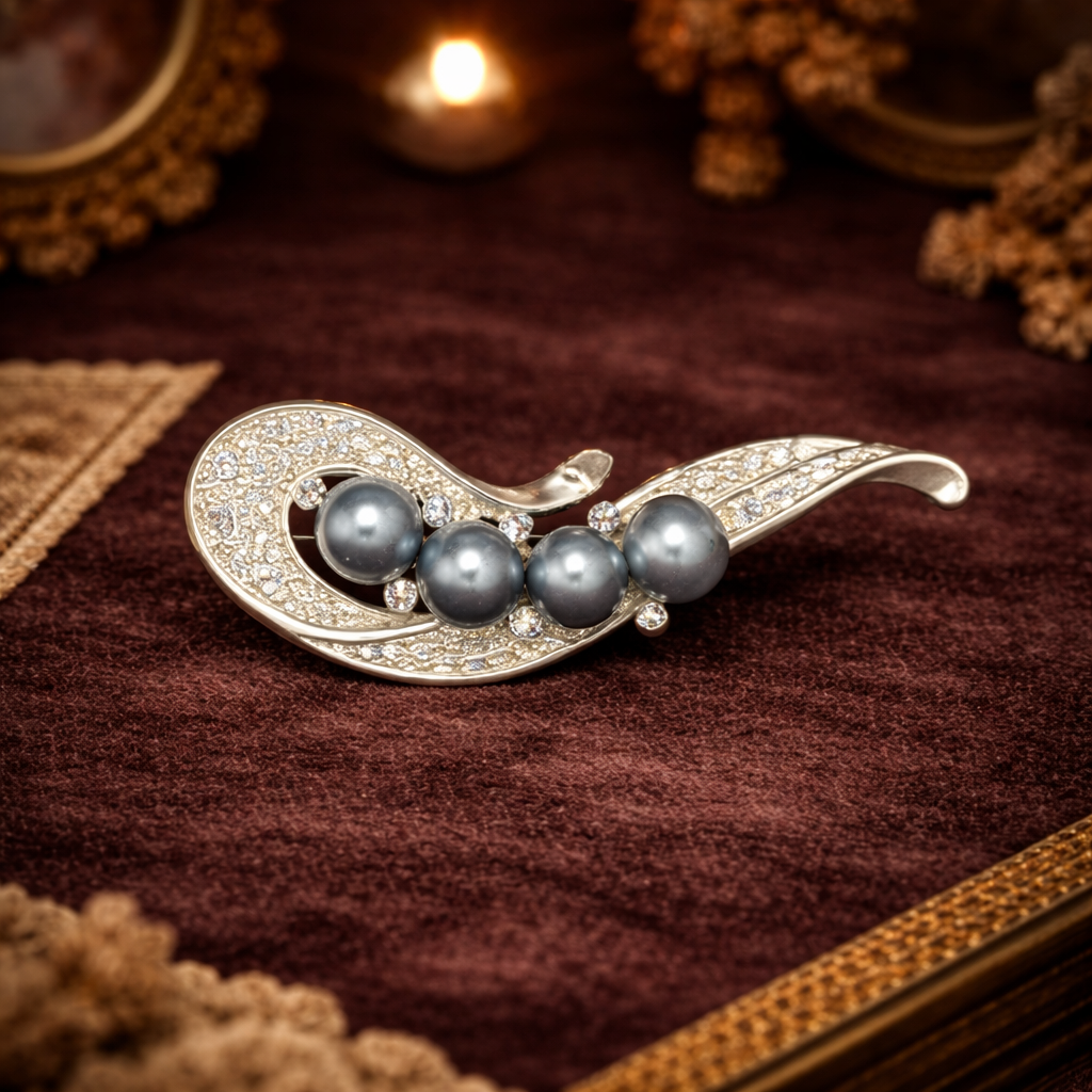 Gold Tone Paisley Scroll Brooch Black Faux Pearls Pave Rhinestone Vintage Pin