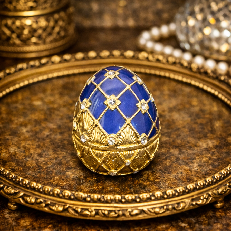 Enameled egg-shaped hinged trinket box with metallic detailing