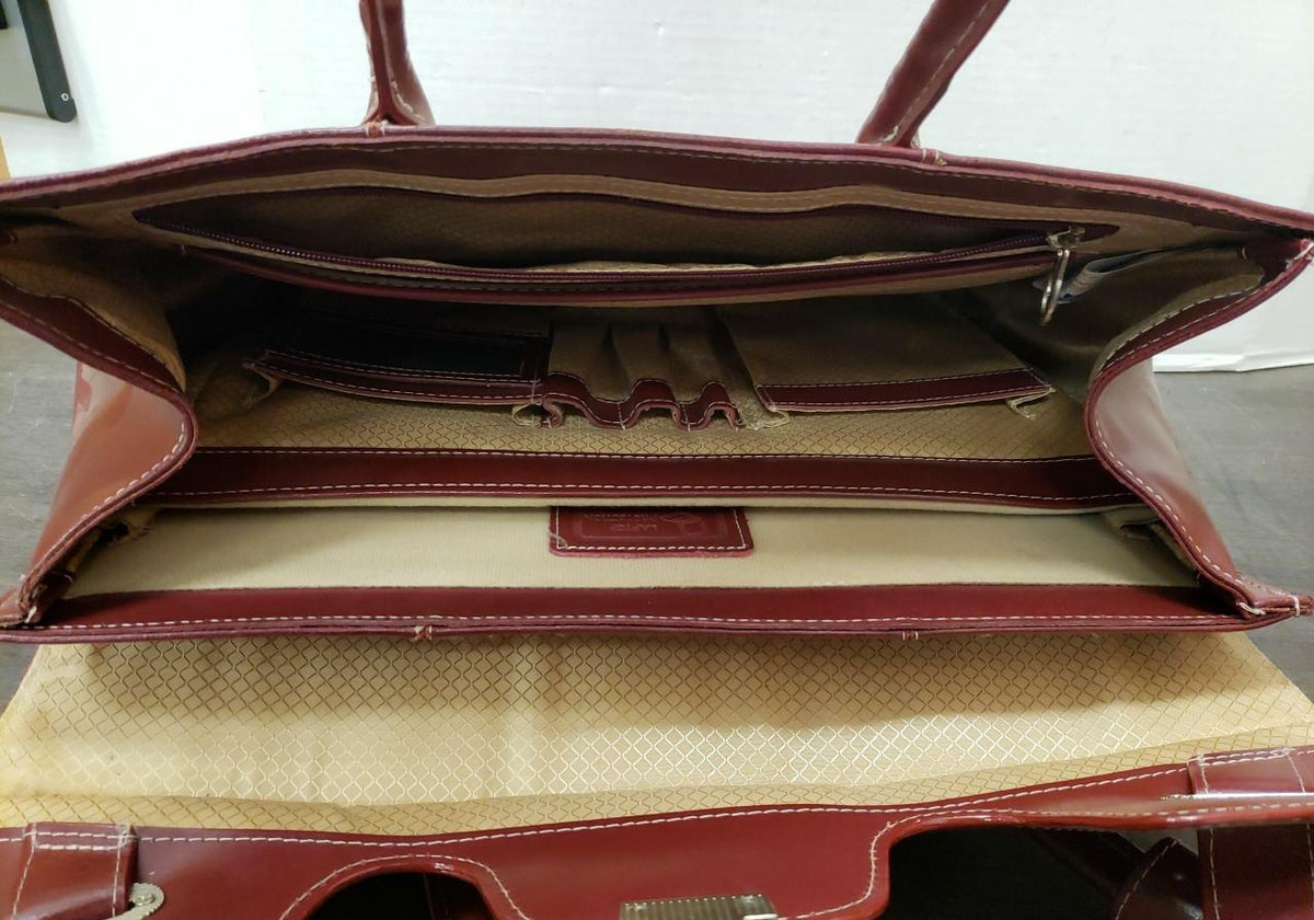 McKleinUSA burgundy leather laptop tote with front flap lock closure, view 4