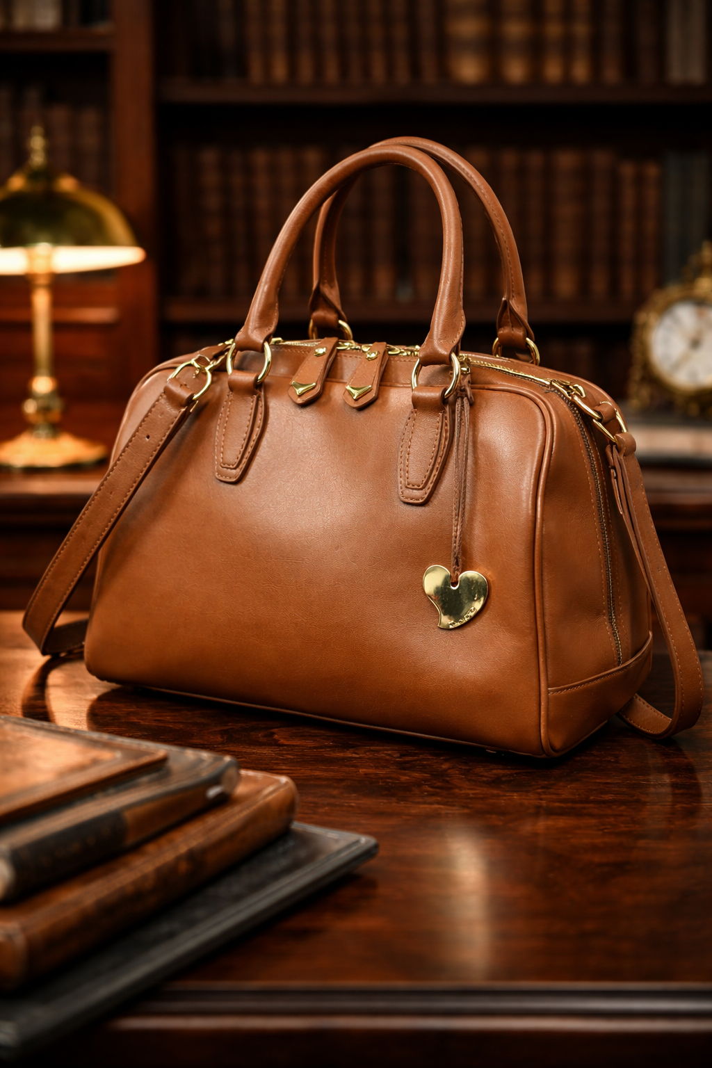 Caramel brown structured dome satchel with rolled handles and gold-tone hardware