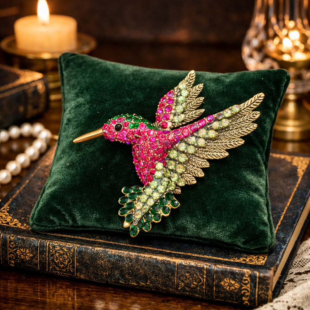 Gold-tone hummingbird brooch with pink, green and clear rhinestones