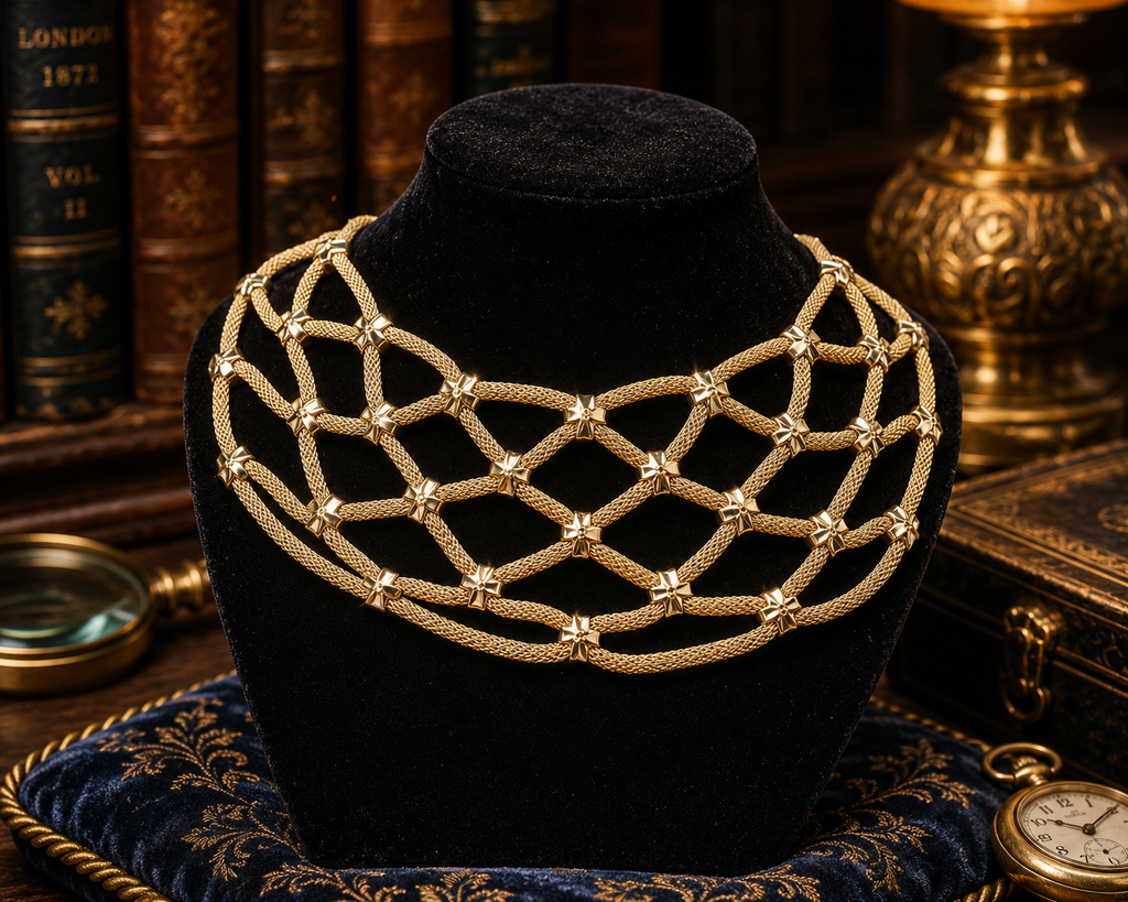 Serena Gold Tone Mesh Collar Necklace with Lattice Design