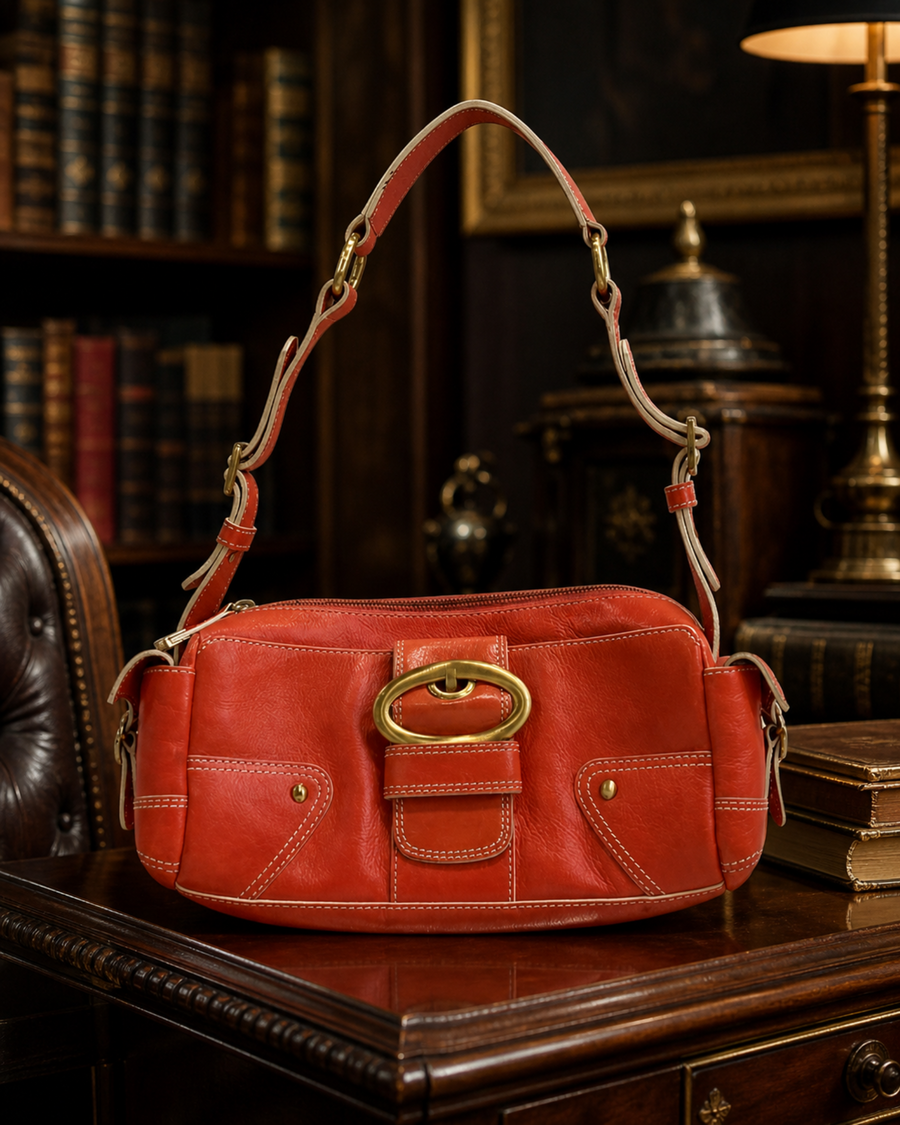 Maxx New York tangerine leather shoulder bag with gold-tone buckle