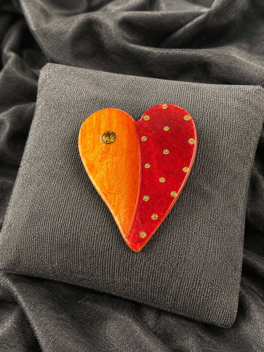 ELF Hand-Painted Wooden Red and Orange Heart Brooch | Artisan Whimsical Statement Pin