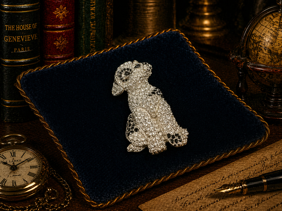 Silver-tone seated dog brooch covered in clear crystals with black crystal ears and spots