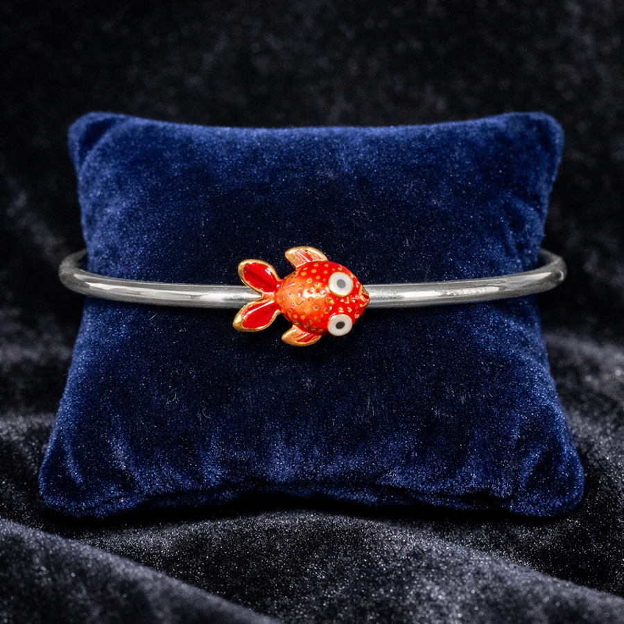 Brighton Silvertone Bangle Bracelet with Red Enamel Fish Accent Curated Estate Designer Style