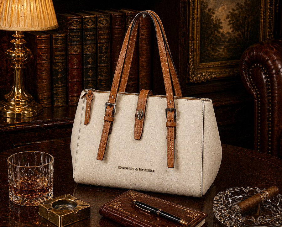 White pebbled leather tote with tan leather trim and colorful chevron lining