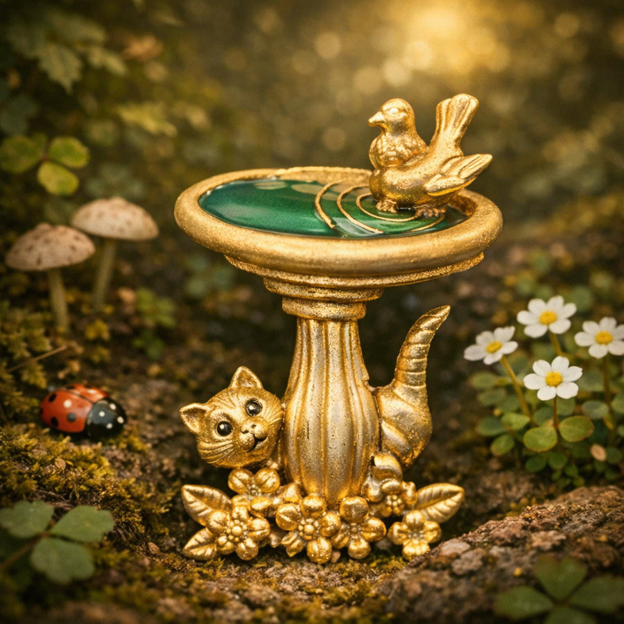 Gold-tone cat and bird bath brooch with green enamel basin and songbird