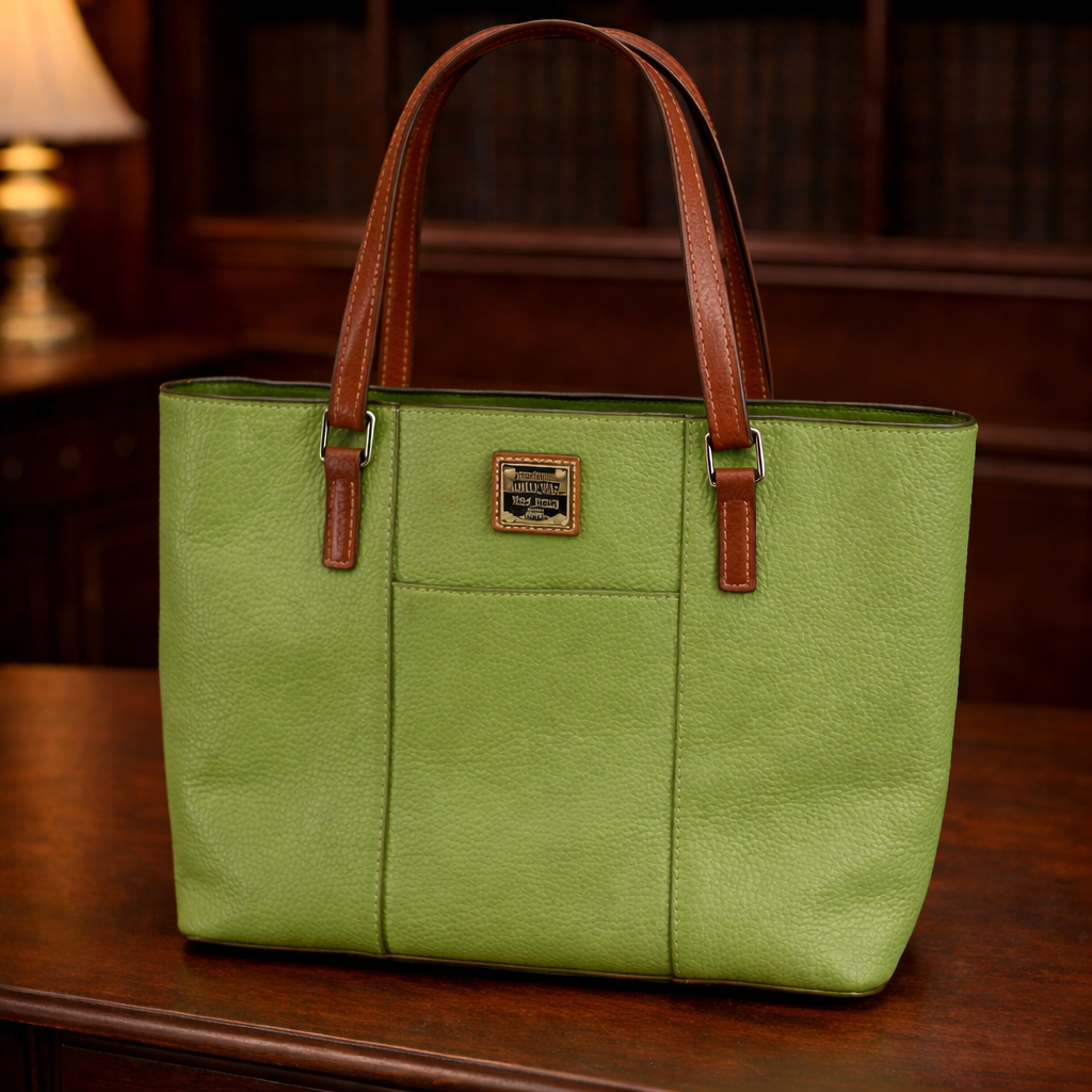 Dooney and Bourke green pebbled leather tote with brown straps and red lining