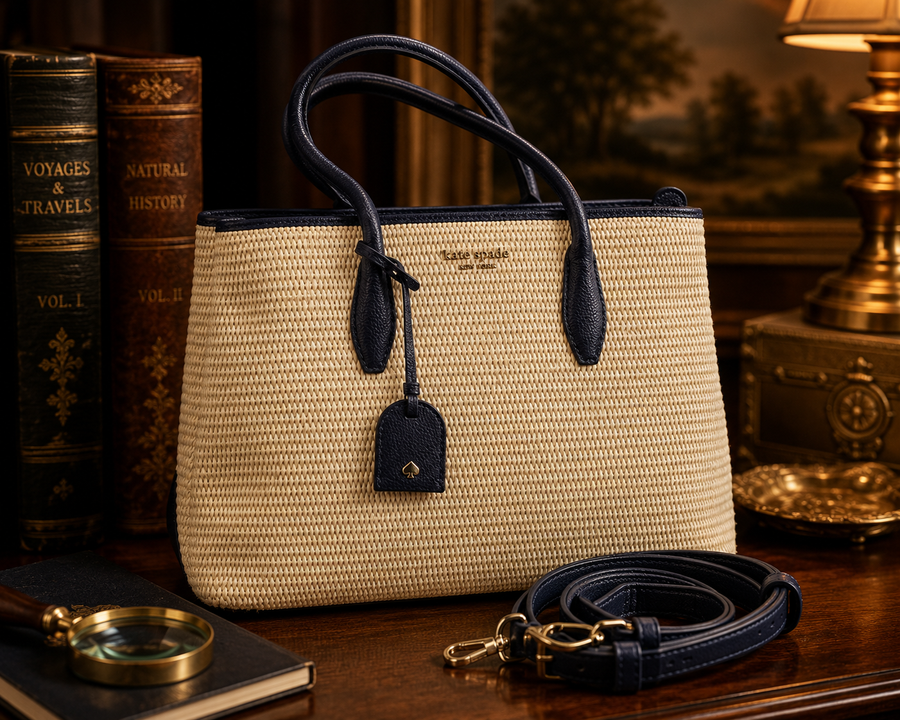Kate Spade New York cream woven tote with navy leather trim