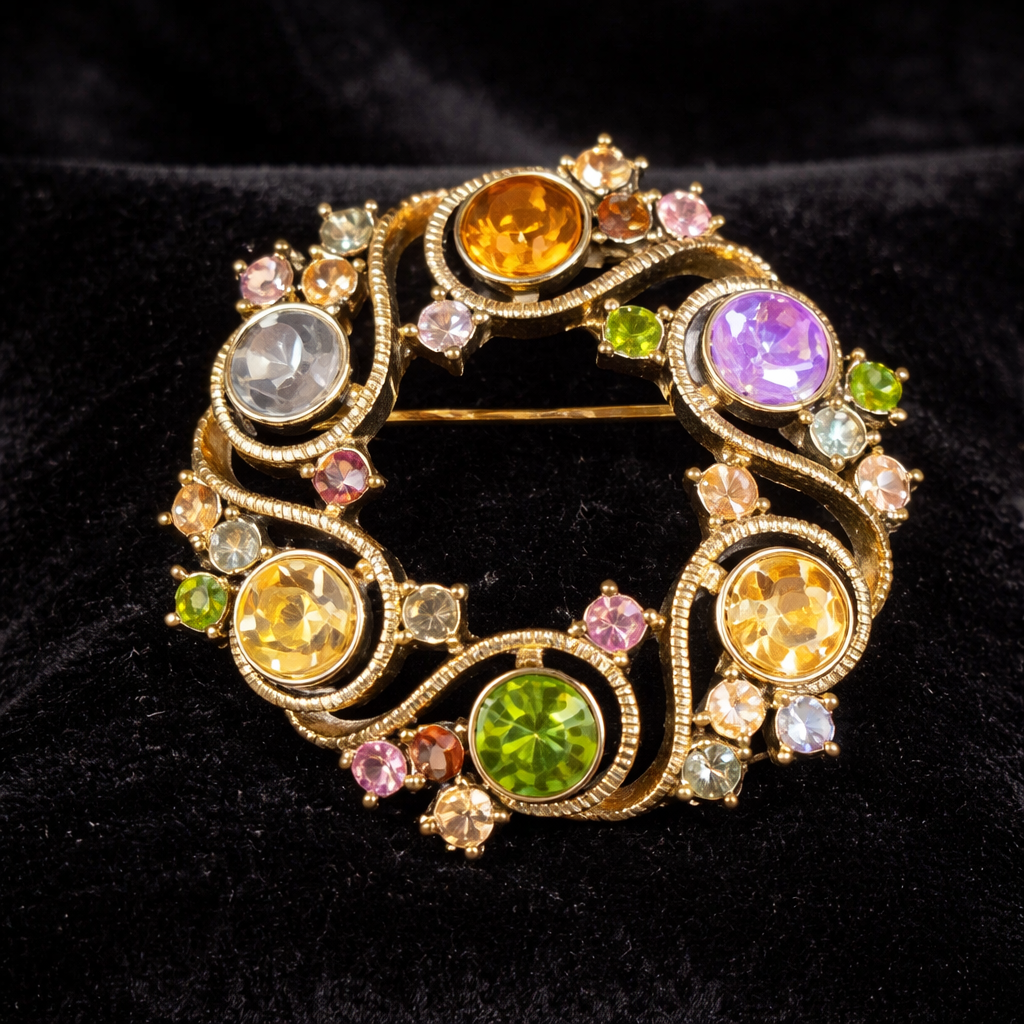 Vintage Gold Tone Gemstone Wreath Brooch Multicolor Rhinestone Circle Pin Estate Statement Floral Wreath Design