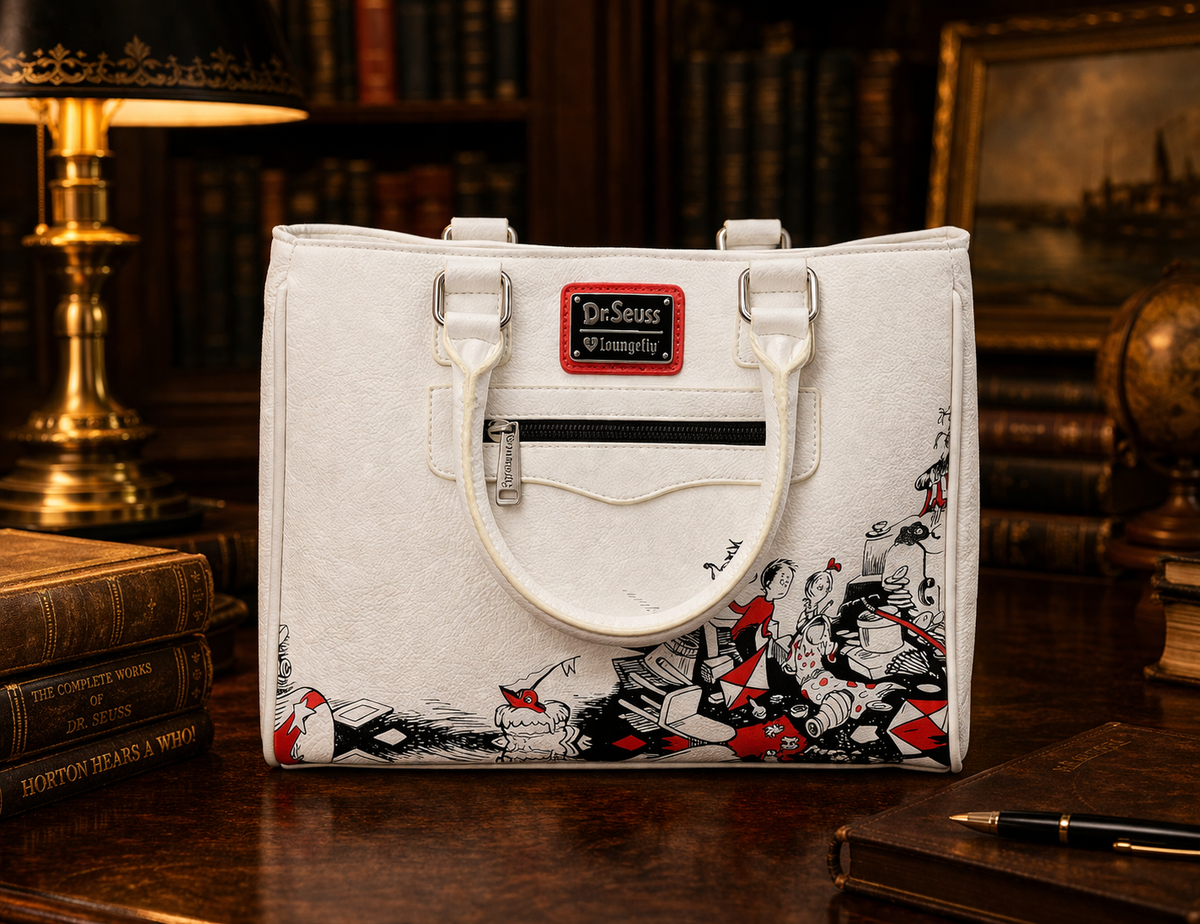 Loungefly Dr. Seuss Cat in the Hat white printed satchel