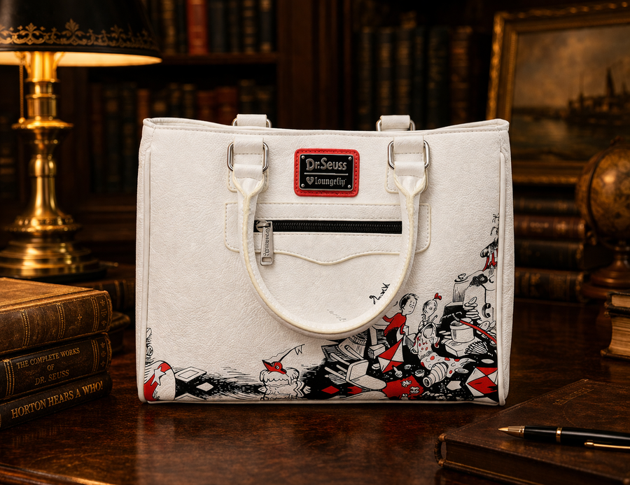 Loungefly Dr. Seuss Cat in the Hat white printed satchel