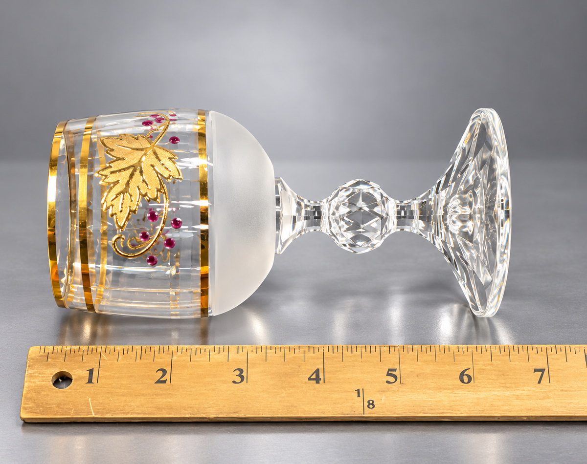 Frosted glass decanter and four cordial glasses with gold grape leaves and purple berries, view 4